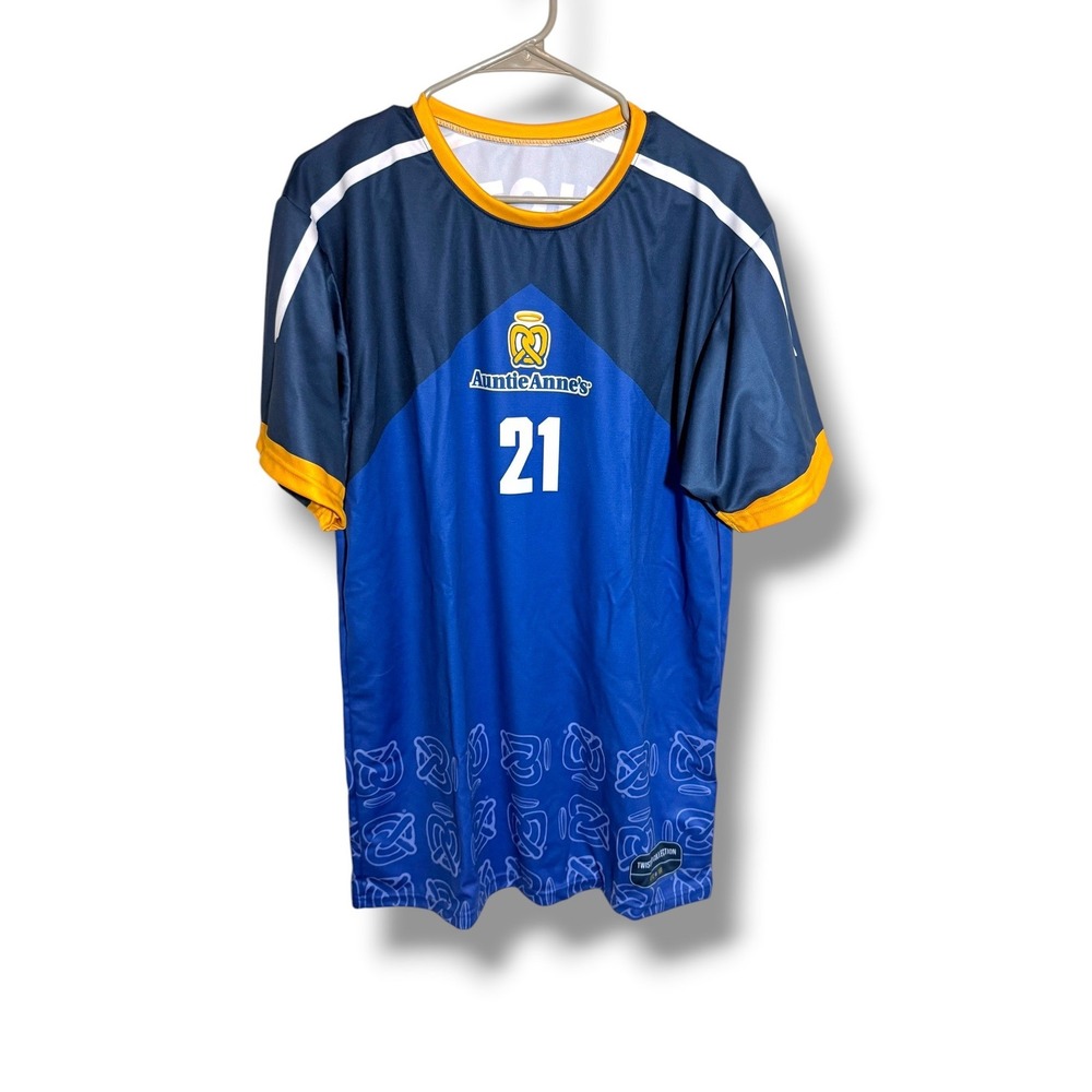 Auntie Anne's Soccer Jersey Mens L Blue Twisted Collection Limited Edition 100